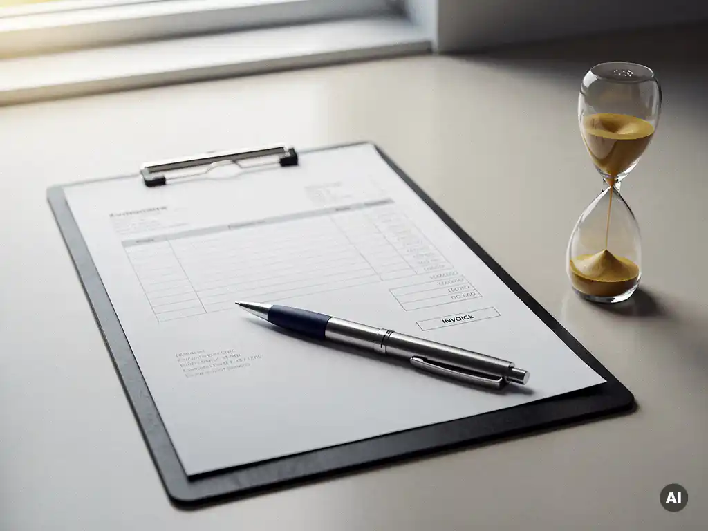 Factuur op klembord op modern bureau met pen en zandloper, gesuggereerde betalingstermijn, zacht natuurlijk licht.