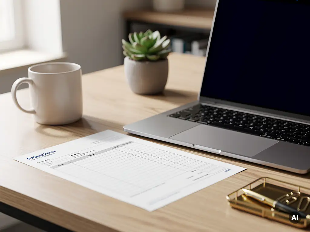 Opgeruimd bureau van een Nederlands mkb met gedrukte factuur, laptop met spreadsheet, koffiemok en vetplantje in zacht natuurlijk licht.