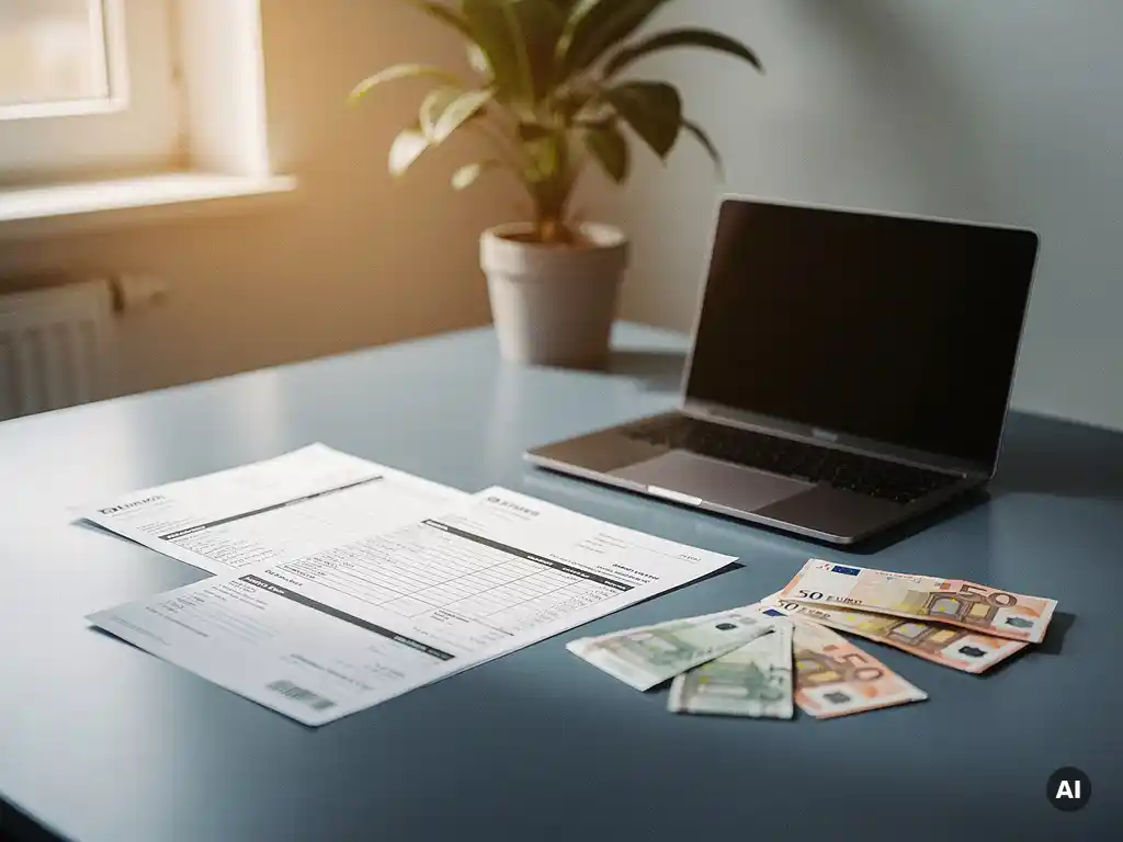 Facturen en eurobiljetten naast een laptop op een modern bureau, met een kamerplant op de achtergrond in zacht natuurlijk licht.