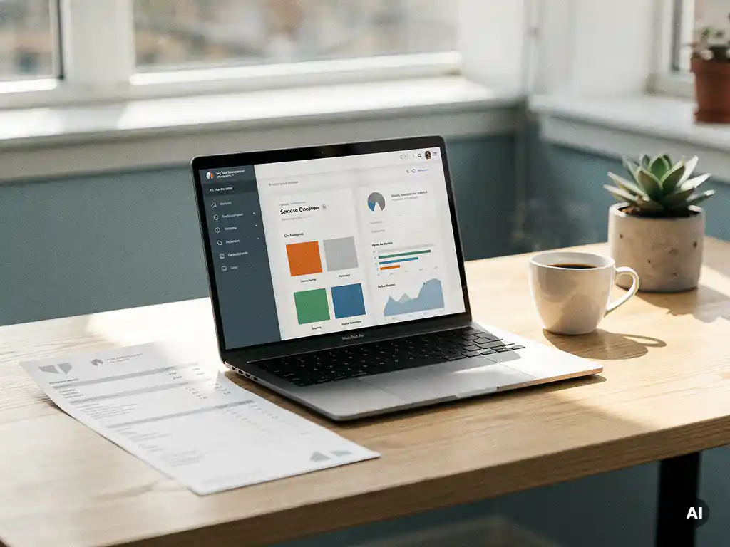 Opgeruimd modern kantoorbureau met gedrukte factuur naast laptop met dashboard, koffiekopje en vetplant in zacht natuurlijk licht.