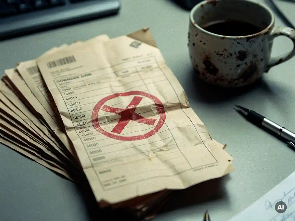 Stapel identieke facturen op rommelig bureau, één vel gekreukeld met rood afwijzingsstempel, koffiekop en pen verspreid ernaast.