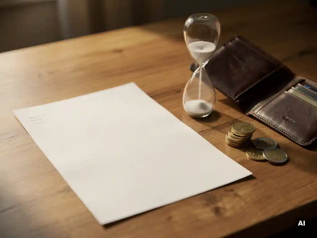 Papieren factuur op houten bureau naast bijna lege zandloper, gestapelde euromunten en open leren portemonnee in warm ochtendlicht.