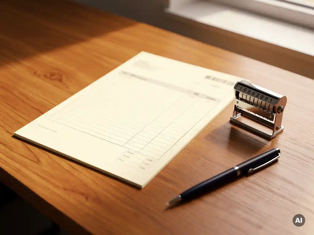 Genummerd factuurdocument op een eiken bureau met pen, verlicht door natuurlijk raamlicht.