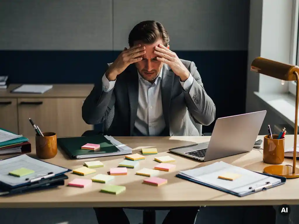 Gefrustreerde professional aan rommelig bureau met verspreide sticky notes, klantmappen en laptop met leeg dashboard.