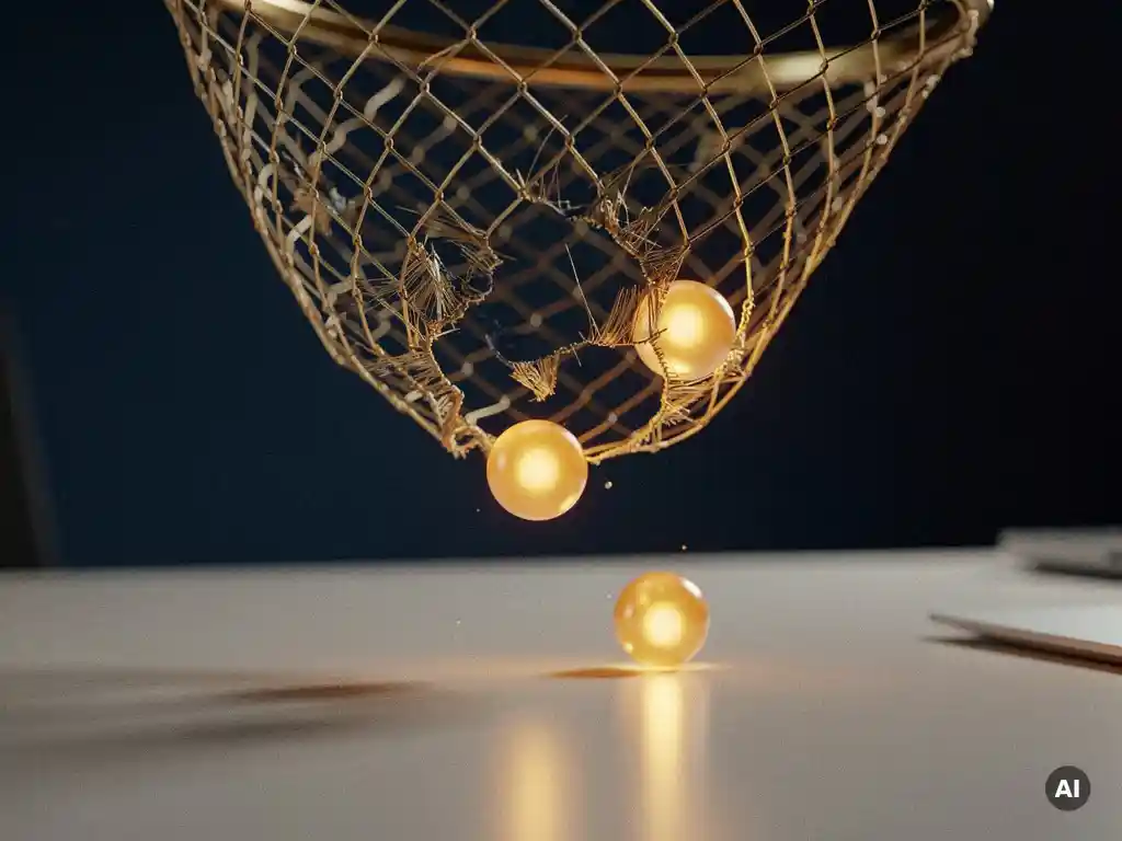 Gouden visnet met gaten boven modern bureau, amber lichtbollen glippen erdoorheen als symbool voor verloren leads.