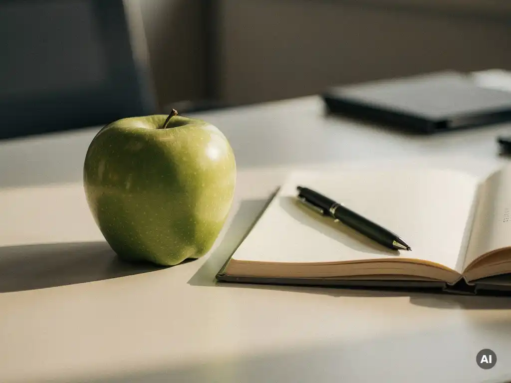 Rijpe groene appel op modern bureau naast open notitieboek met pen, zacht middaglicht en ondiepe scherptediepte.