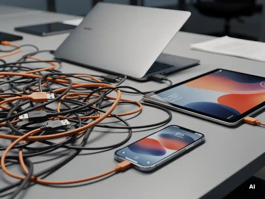 Wirwar van losse kabels en USB-snoeren op een rommelig bureau, met een laptop, tablet en telefoon die niet met elkaar communiceren.