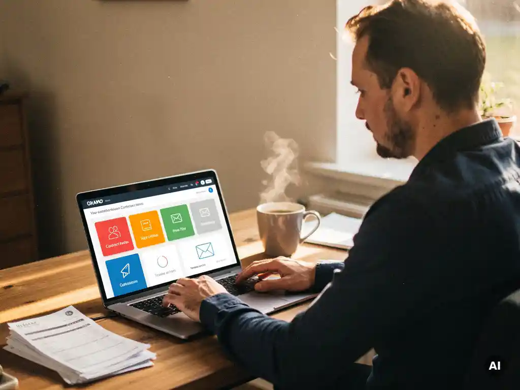 Ondernemer bekijkt CRM-dashboard met klantcontacten en e-mailcampagnestatistieken op laptop, koffie en facturen op houten bureau in warm ochtendlicht.