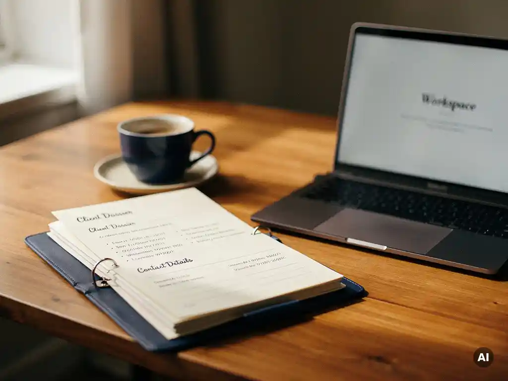 Open klantdossier met handgeschreven notities op een houten bureau, laptop en koffiekop ernaast, warm natuurlijk licht.
