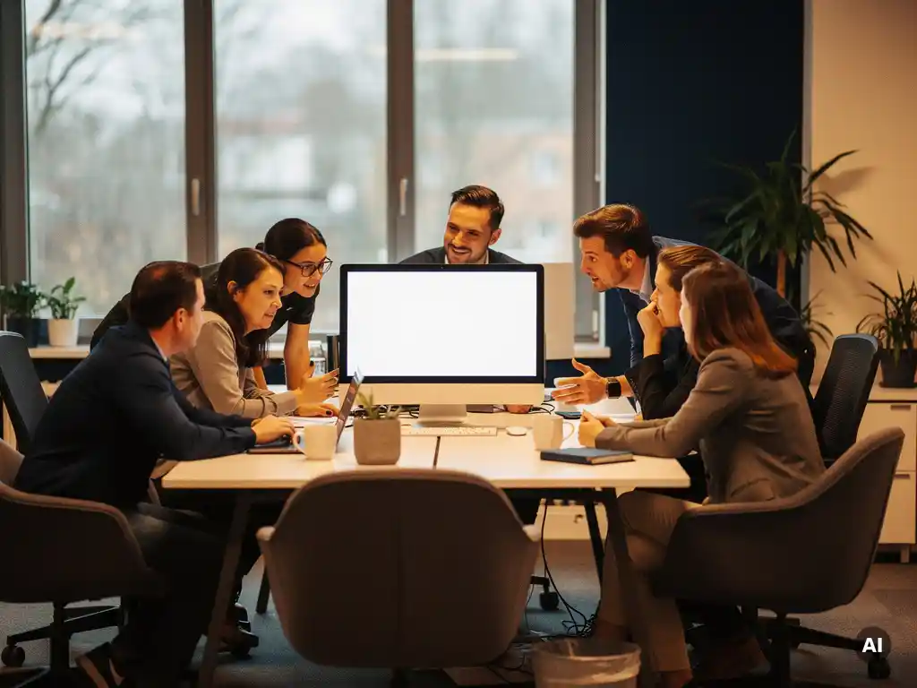 Teamleider bekijkt klantdossier op centrale werkplek in open kantoor, omringd door samenwerkende collega's in warm licht.