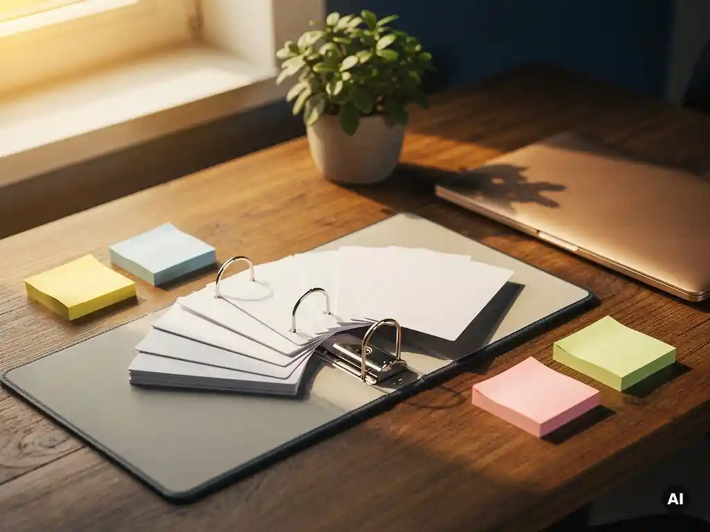 Houten bureau met open ringband vol klantprofielkaarten, kleurrijke sticky notes en laptop in warm amberkleurig licht.