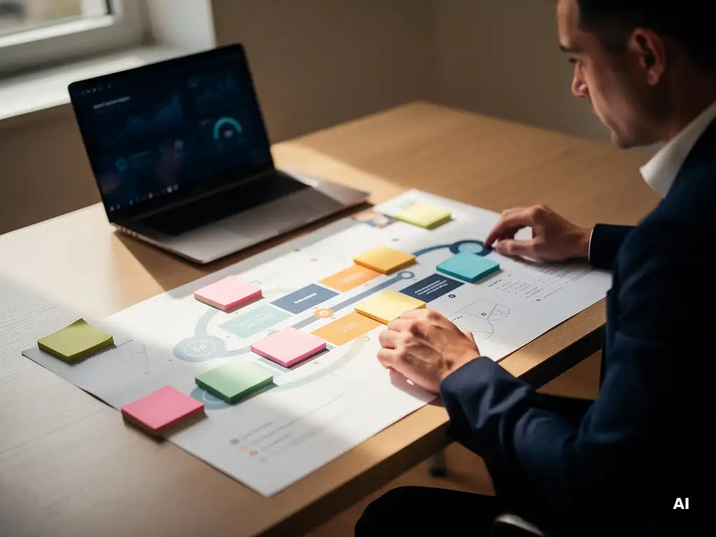 Salesprofessional bestudeert een uitgeprinte customer journey map op een modern bureau met gekleurde sticky notes en een open laptop.