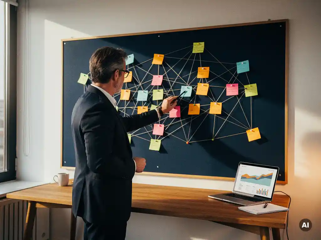 Salesmedewerker analyseert klantreiskaart met gekleurde sticky notes en draadverbindingen, laptop met grafieken op eikenhouten bureau.