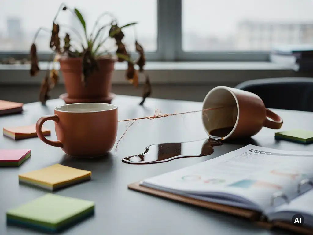 Rafelige draad verbindt twee koffiekopjes op kantoorbureau, één omgevallen met morsen, sticky notes en clientmap verspreid, verwelkte plant op achtergrond.