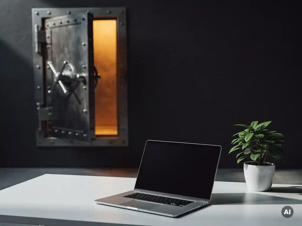 Zware stalen kluisdeur op een kier met gloeiend amber interieur, laptop op wit bureau met klein potplantje op de voorgrond.