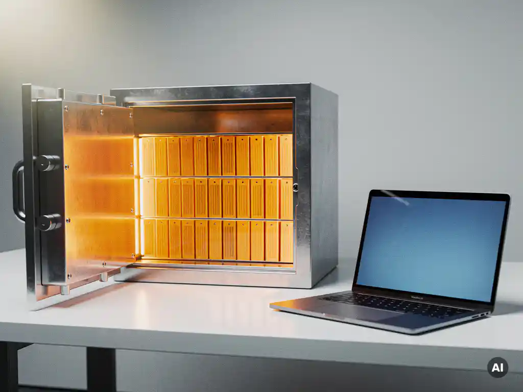 Geopende stalen kluisdeur op modern bureau met lichtgevende amber mappen, laptop met blauw scherm op achtergrond.