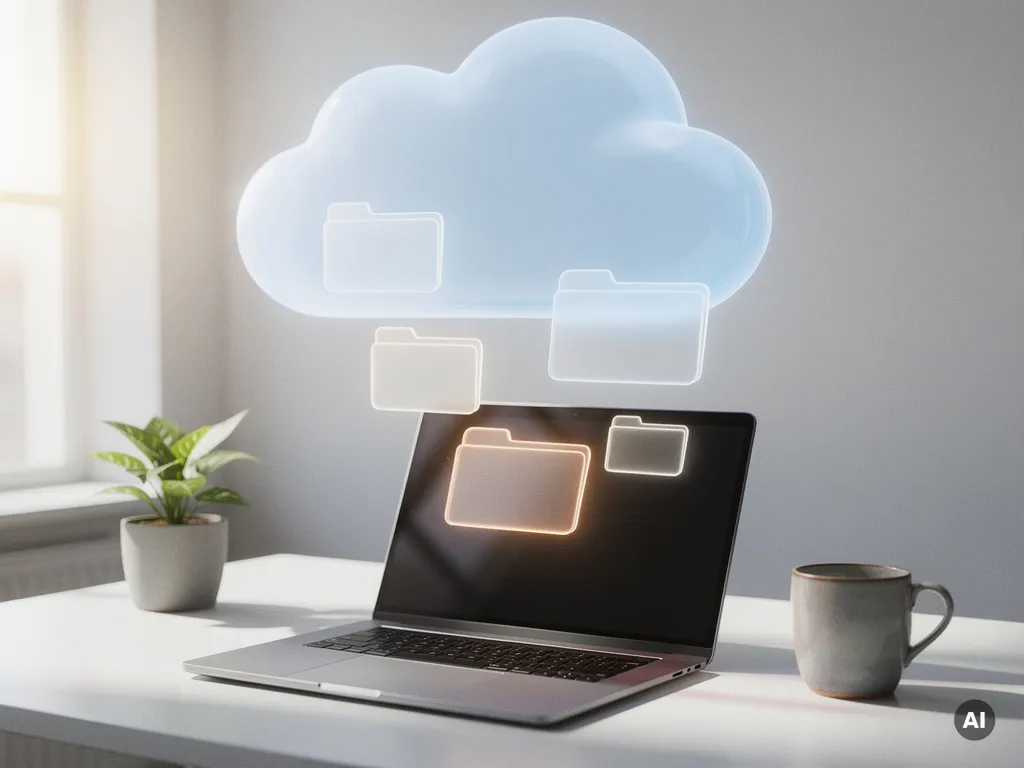 Zilveren laptop op modern bureau met drijvende documentmappen die oplossen in een wolkvorm, kamerplant en koffiemok op de voorgrond.