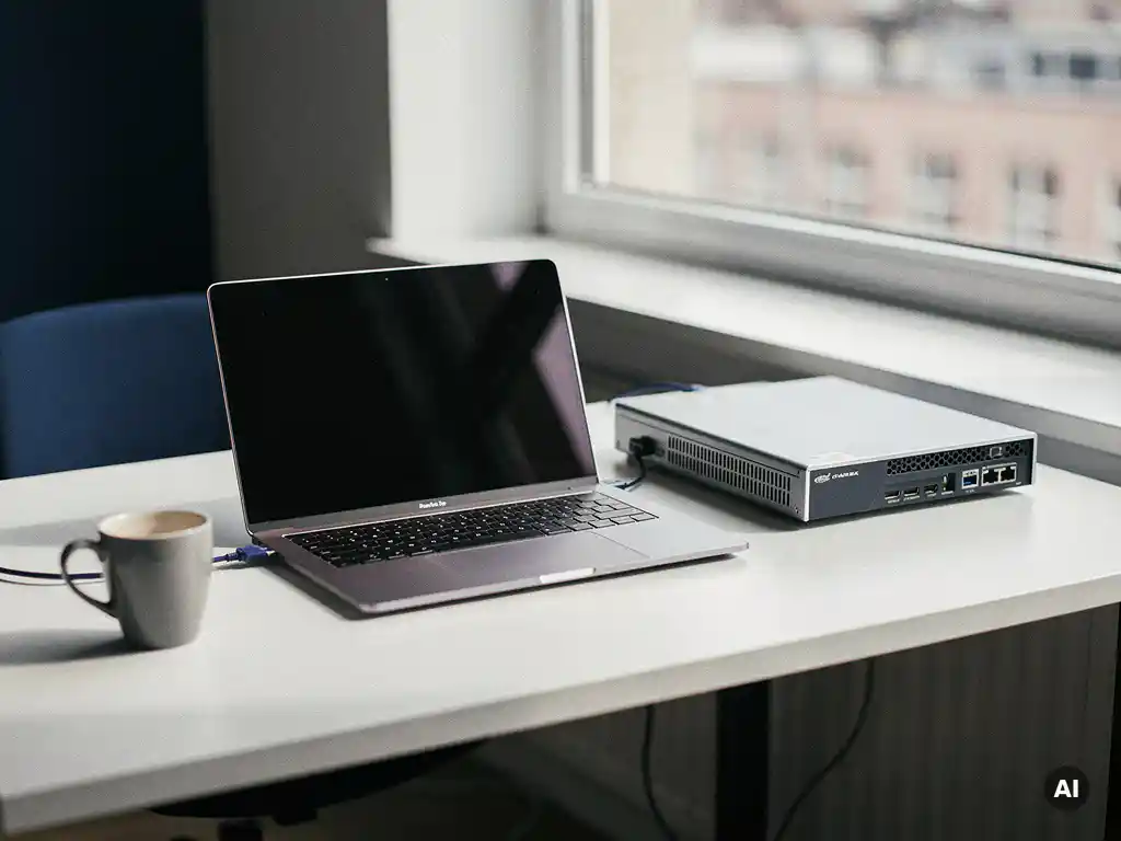 Laptop en compacte server op een modern Nederlands kantoorbureau in zacht natuurlijk licht, met koffiemok en kabels.