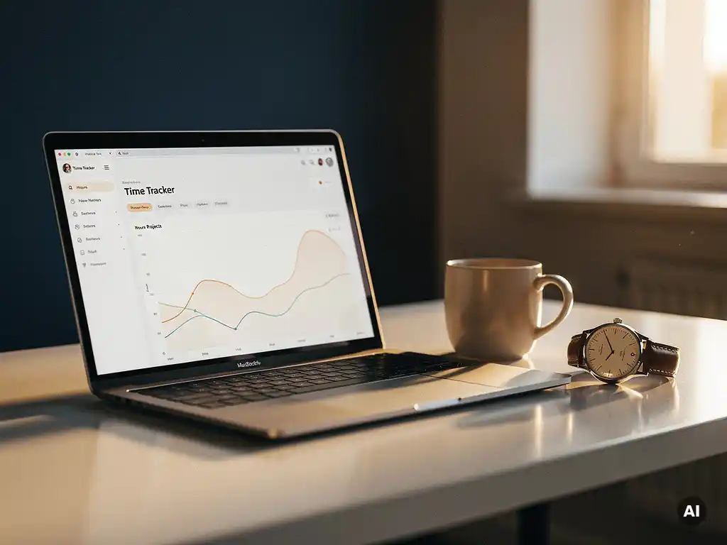 Laptop met tijdregistratie-dashboard op modern bureau, naast koffiemok en analoog horloge, in warm middaglicht.