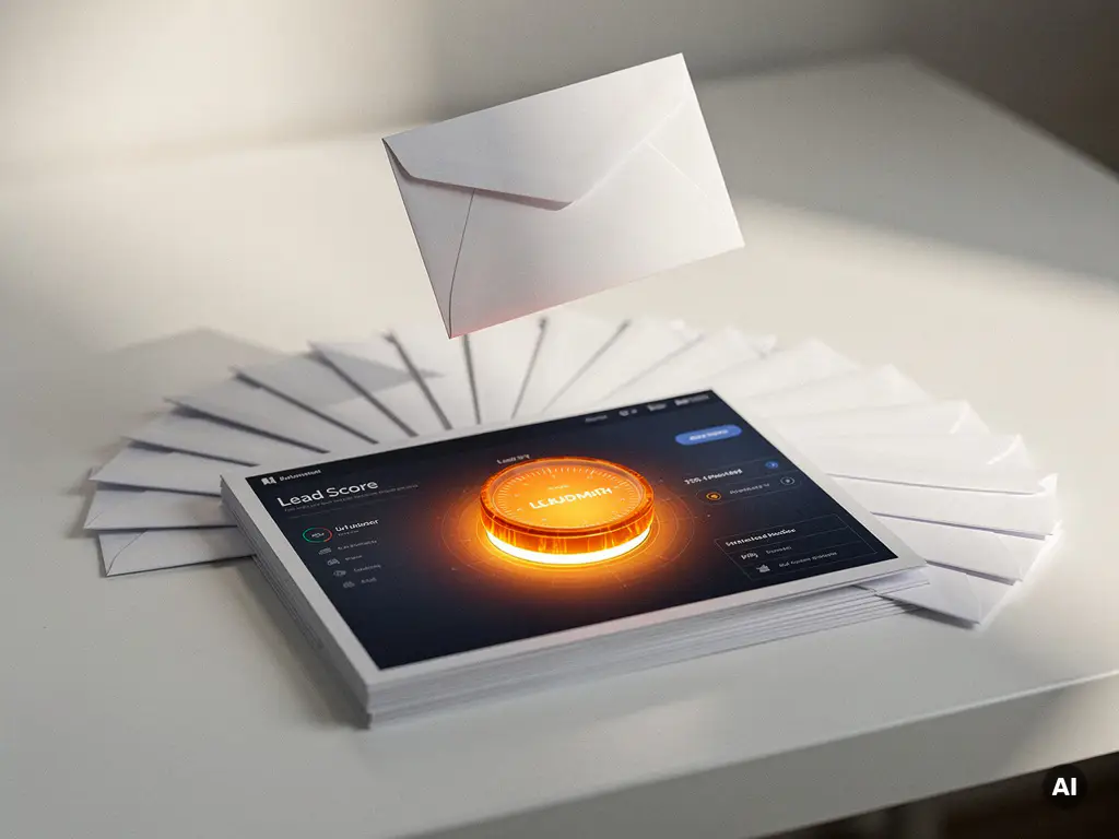 Gloeiend amber lead score-dashboard op CRM-printout, omringd door witte enveloppen die automatisering symboliseren.