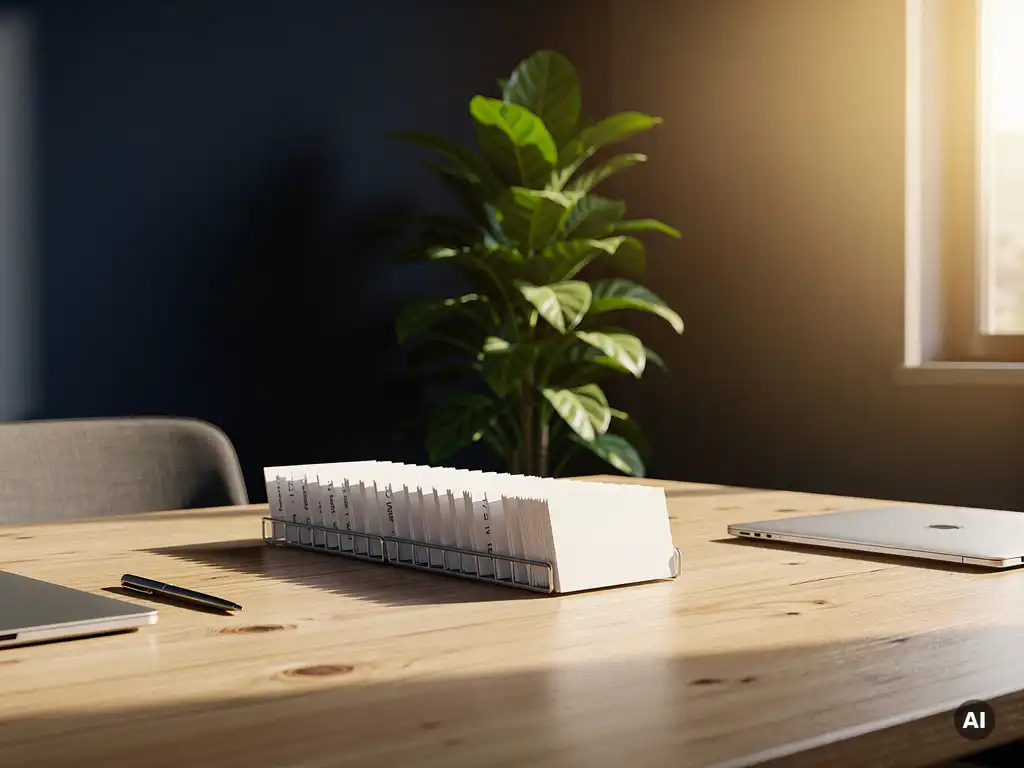 Papieren leadkaarten stromen automatisch in een map op een modern bureau, met een groeiende plant op de achtergrond die stijgende conversie symboliseert.