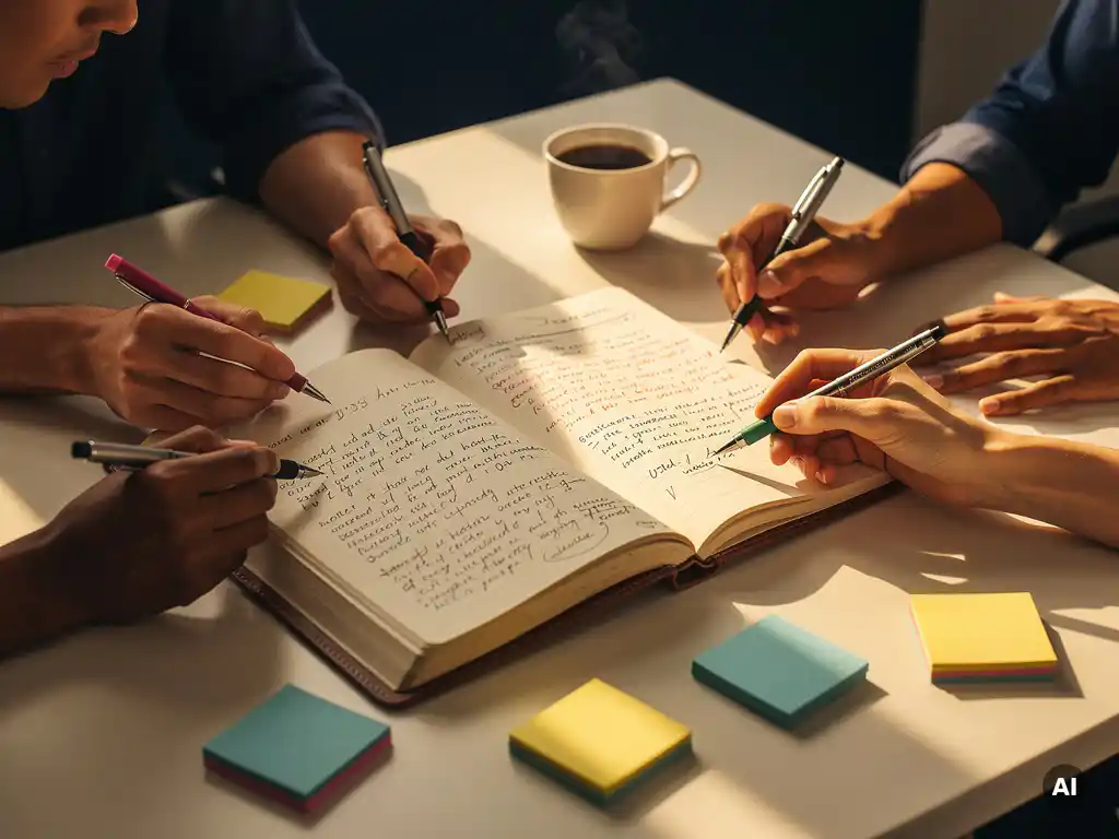 Open leren notitieboek met handgeschreven klantnotities op modern bureau, omringd door sticky notes en koffie, collega's voegen aantekeningen toe.