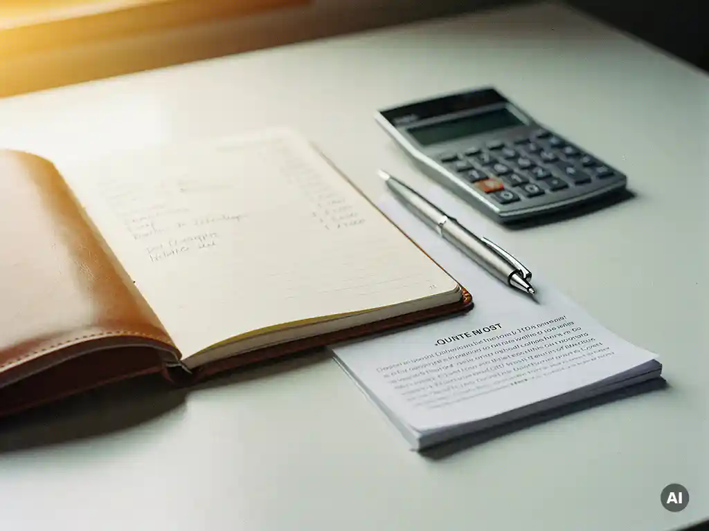 Opengeslagen leren notitieboek met handgeschreven kostenopstelling, rekenmachine en pen op wit bureau in warm goudlicht.
