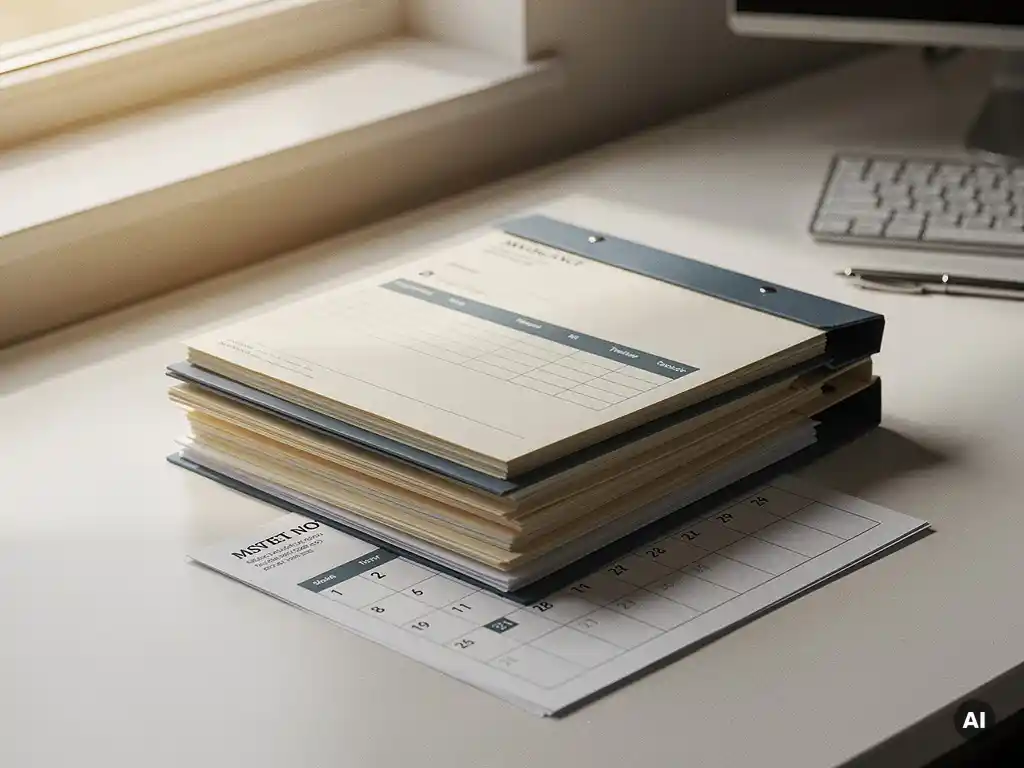 Maandelijkse factuurmappen uitgewaaierd op modern bureau met factureringskalender in warm natuurlijk licht.