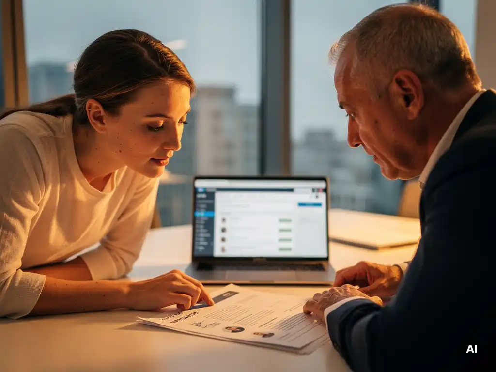 Nieuwe medewerker en ervaren collega bekijken samen een klantdossier aan een modern bureau met CRM-dashboard op laptop.