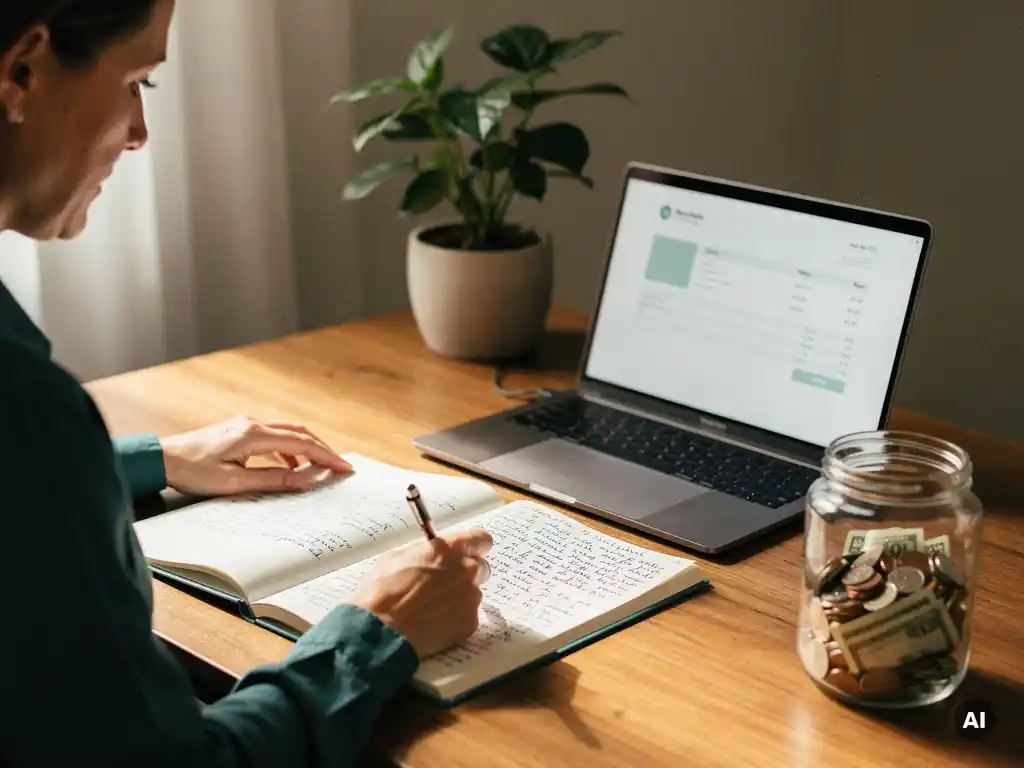 Nonprofitbeheerder vergelijkt handgeschreven donatiegrootboek met digitale factuur op laptop, met collectiepot op houten bureau.