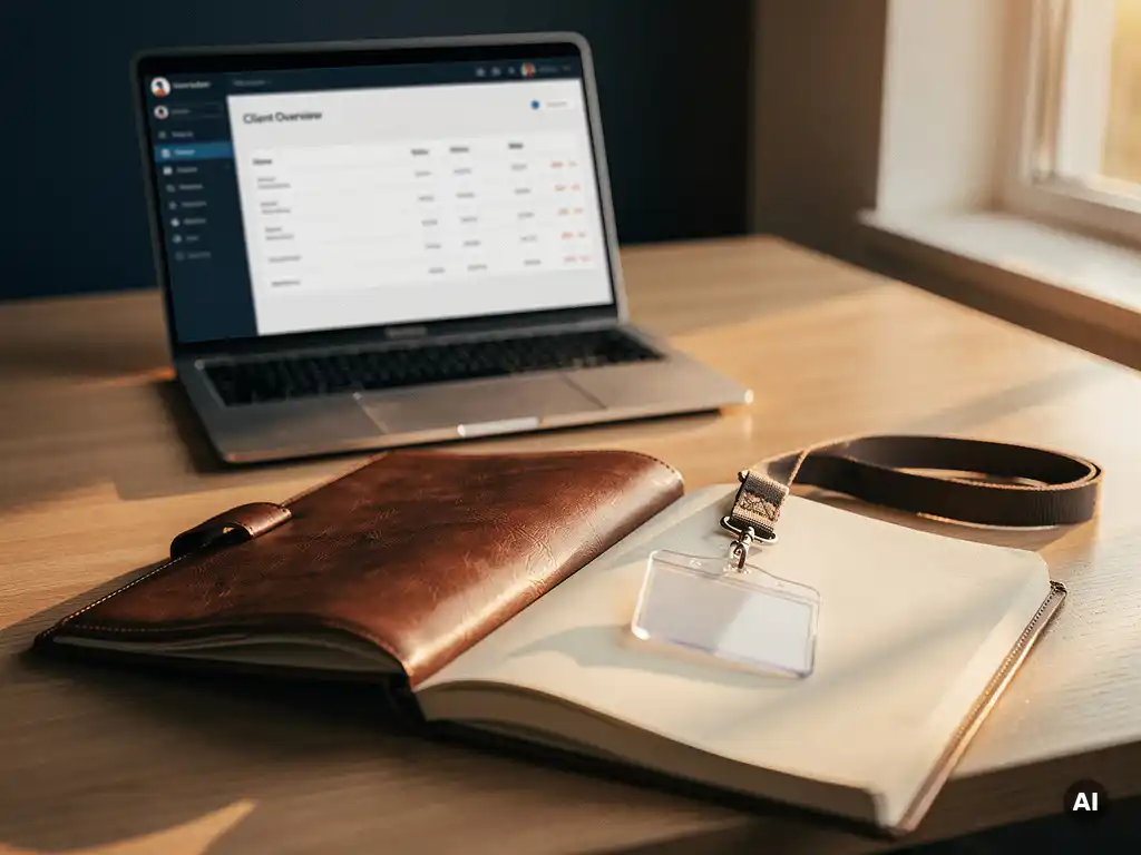 Opengeslagen leren notitieboek op modern bureau met een lanyardkaart, laptop met klantgegevens op de achtergrond, warm amberkleurig licht.