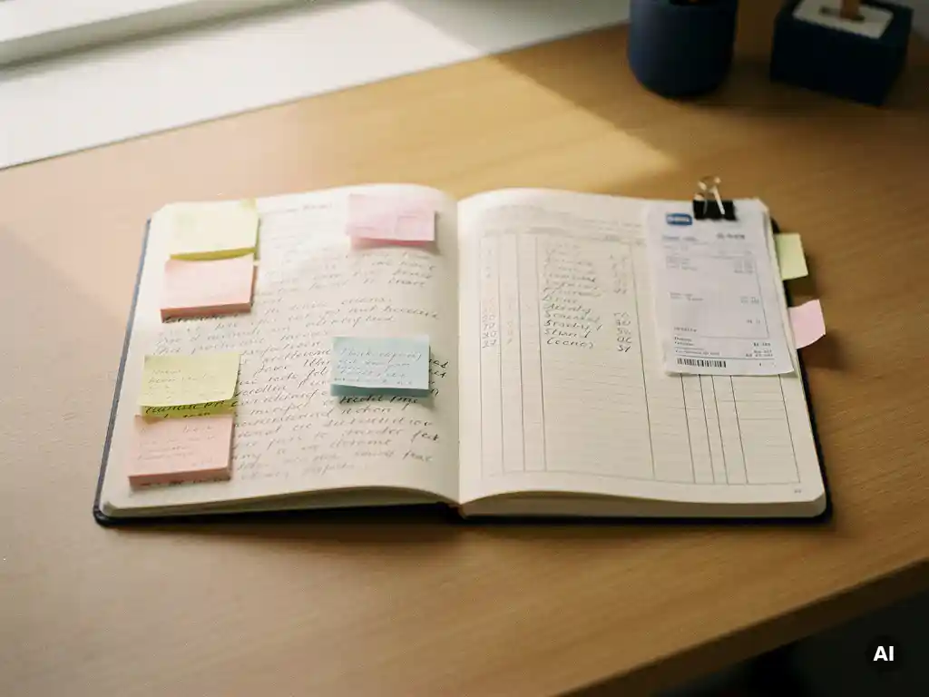 Open notitieboek met handgeschreven klantnotities en plakbriefjes links, voorraadkolommen en facturen rechts, op houten bureau.