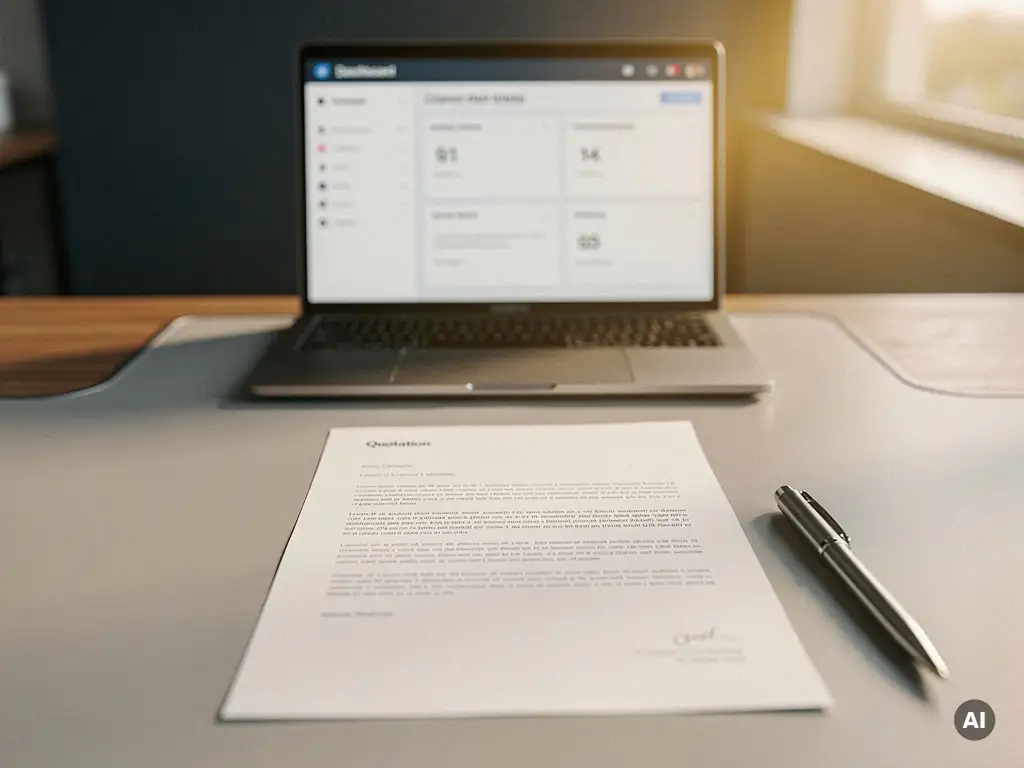 Gedrukt offerteformulier op modern bureau naast pen, met CRM-dashboard op laptop op achtergrond in warm middaglicht.
