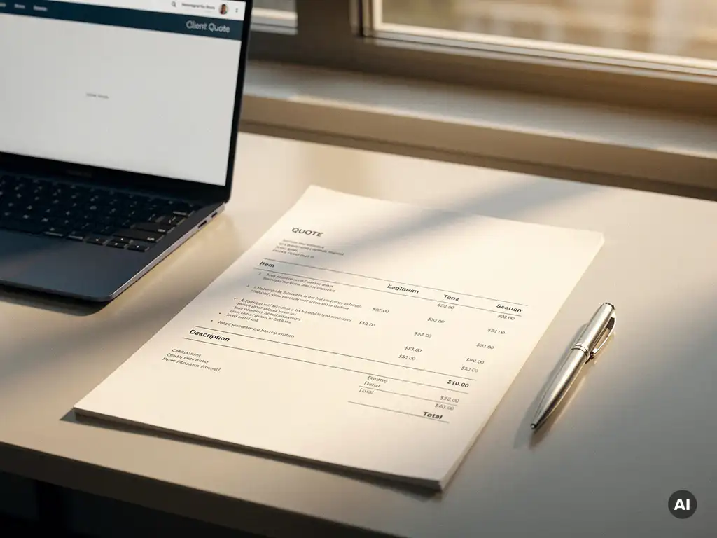 Gedrukte offertedocument op modern bureau naast een pen en open laptop, warm middaglicht op wit papier, professionele kantooromgeving.