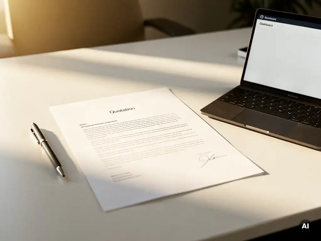 Offertedocument op modern bureau naast pen en laptop in warm kantoorlicht, professionele sfeer voor het MKB.