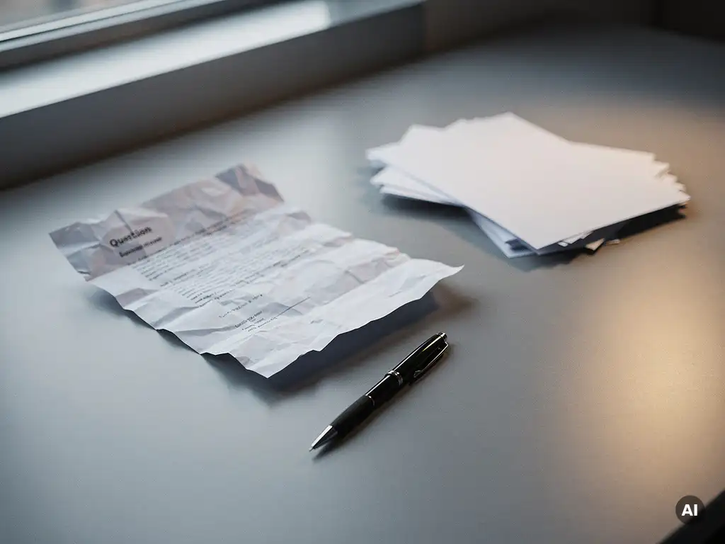 Verfrommeld offerteformulier op modern bureau naast ongedopte pen en afgewezen papieren, zacht natuurlijk licht.