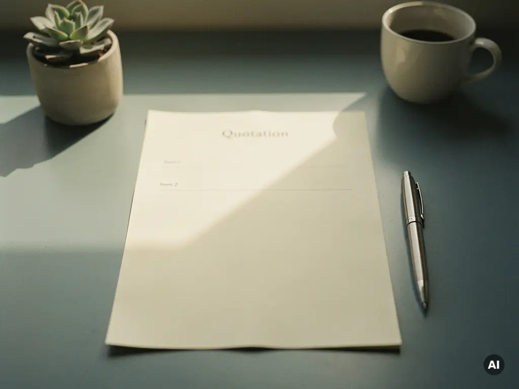Gedrukt offertedocument op modern bureau naast pen en vetplant, met koffiekopje op de achtergrond in warm natuurlijk licht.