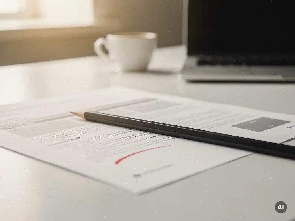 Scherp potlood op een zakelijke offertedocument met rode correctiemarkering, laptop en koffiekopje op de achtergrond.