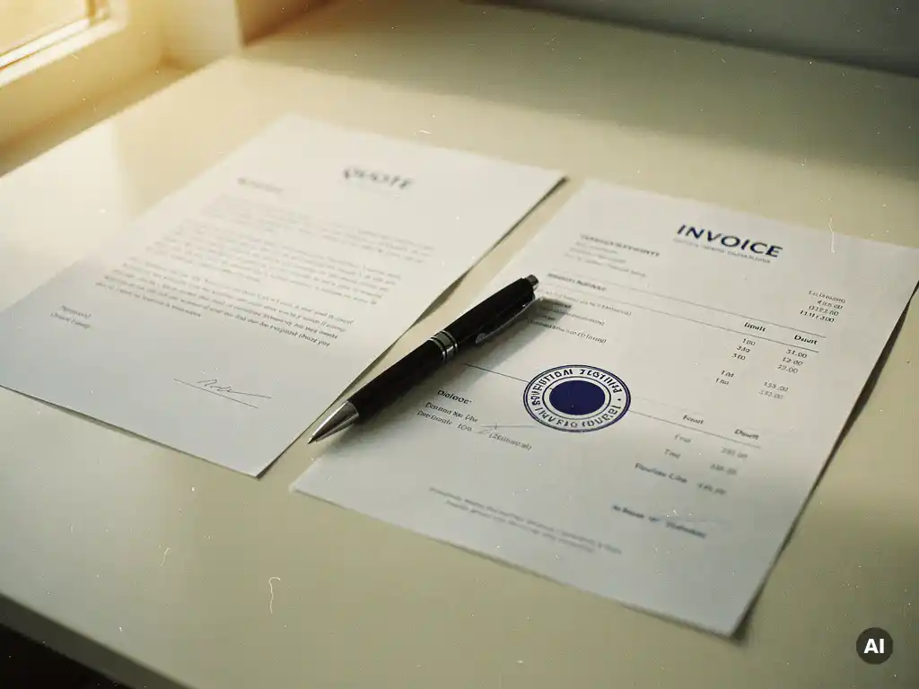 Gedrukte offerte en gestempelde factuur naast elkaar op modern bureau, pen er dwars overheen, warm natuurlijk licht.
