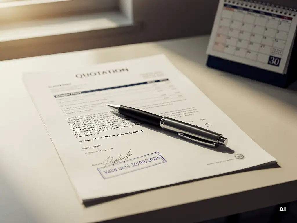 Gedrukte offertebrief met vervaldatumstempel op modern bureau, pen diagonaal op papier, bureaukalender op achtergrond, zacht natuurlijk licht.