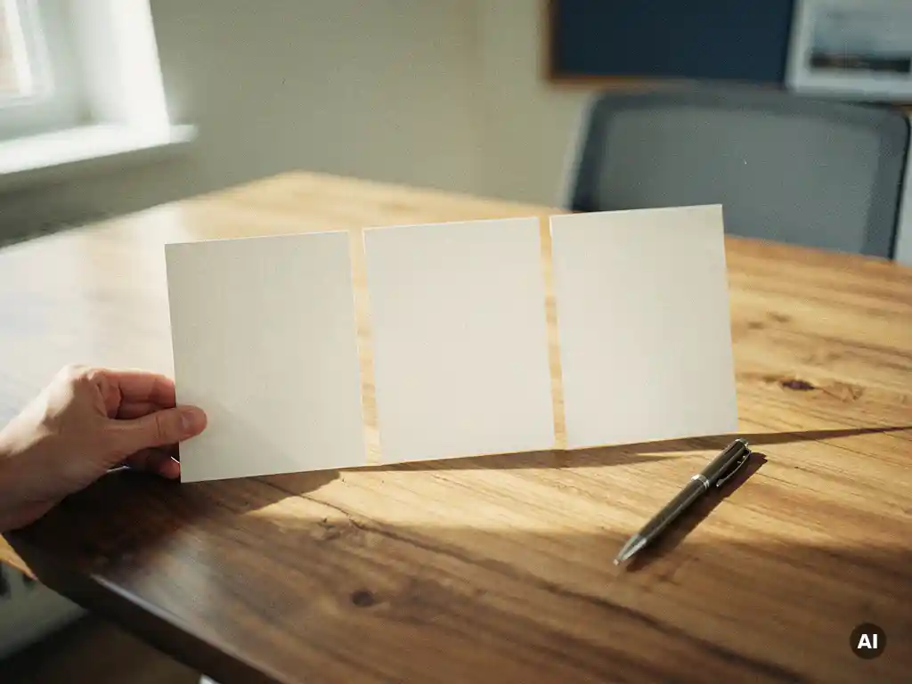 Handen die drie offertes naast elkaar schikken op een houten bureau, met een pen erbij, in een modern kantoor.