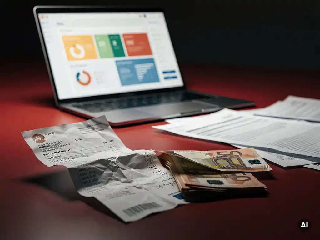 Verfrommelde factuur naast een stapel eurobiletten op een modern bureau, met een laptop op de achtergrond waarop een CRM-dashboard zichtbaar is.