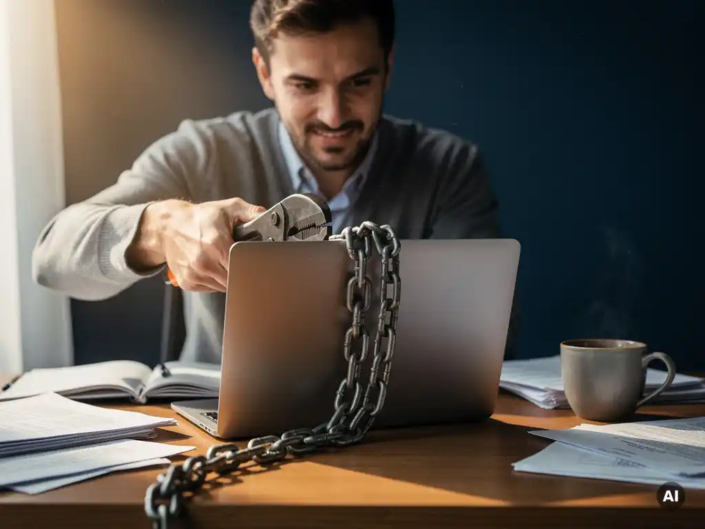 Ondernemer knipt stalen ketting door rond laptop op houten bureau, met papieren en koffiemok, in warm natuurlijk licht.