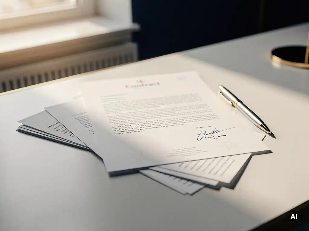 Ondertekend contract op modern bureau naast pen en offertepapers, warm natuurlijk licht in blauw en goudtinten.