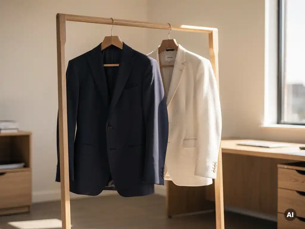 Op maat gemaakt colbert naast een confectieblazer op een houten rek in een Nederlands kantoor, warm natuurlijk licht.