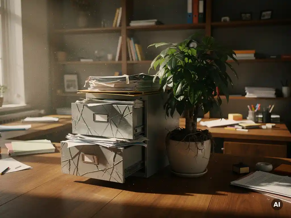 Overvolle archiefkast met gekreukte mappen naast een uitbarstende plant in te kleine pot, in een rommelig mkb-kantoor met warm eikenhout.