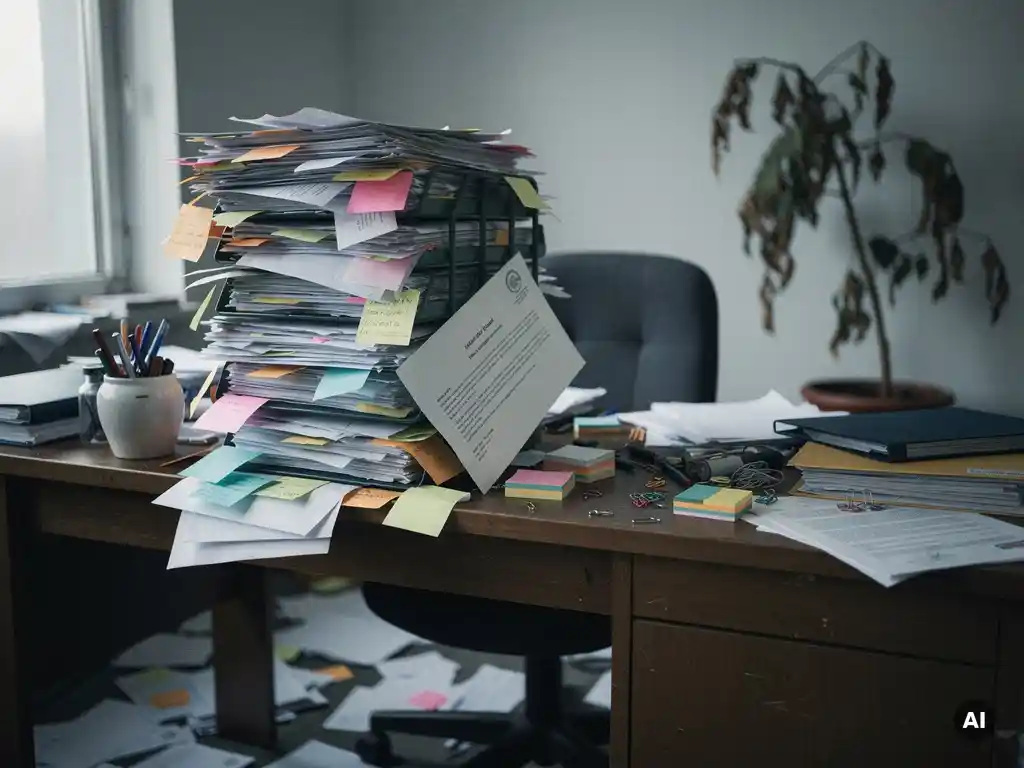 Overvolle inbox op een bureautafel bedolven onder papieren e-mails en plakbriefjes, met een verborgen document en een verwelkte plant.