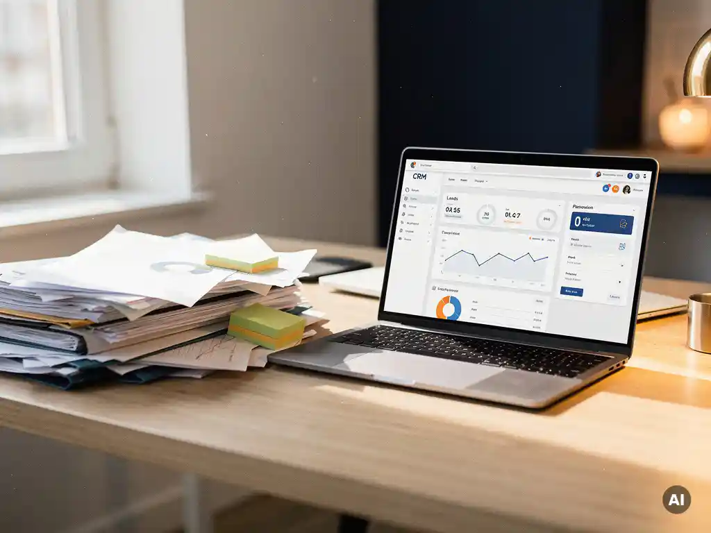 Rommelige stapel papieren en mappen op een modern kantoorbureau, vervangen door laptop met CRM-dashboard in warm natuurlijk licht.