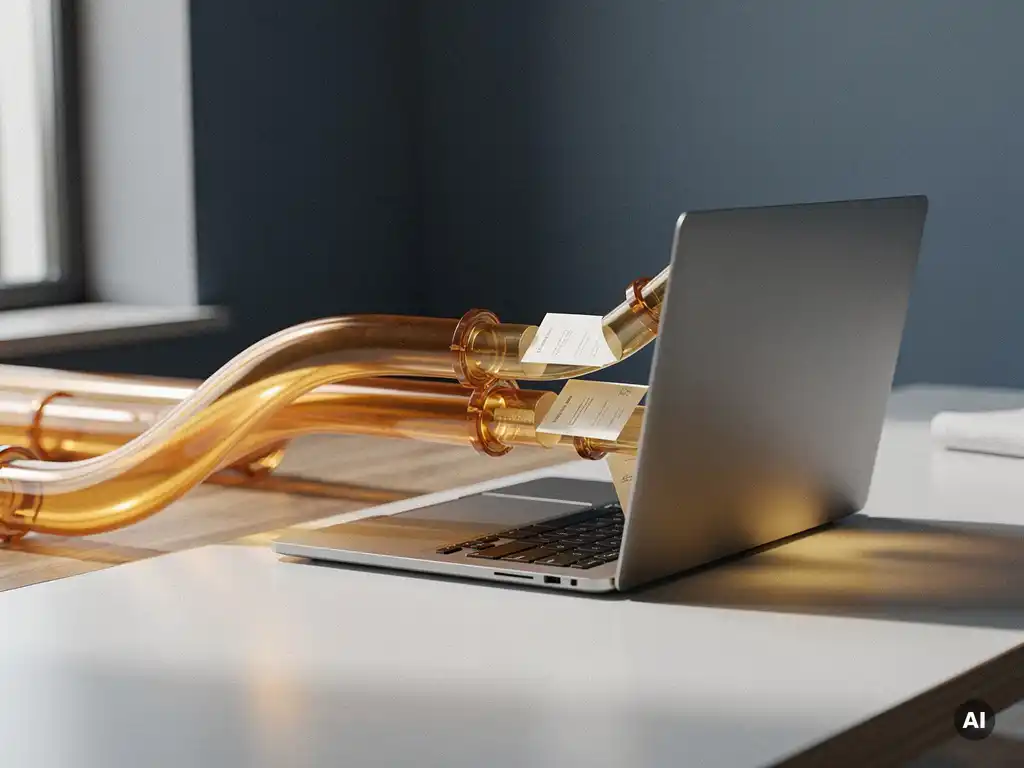 Amber pijpleidingen met leadkaarten die automatisch naar een laptop stromen op een modern bureau met natuurlijk daglicht.