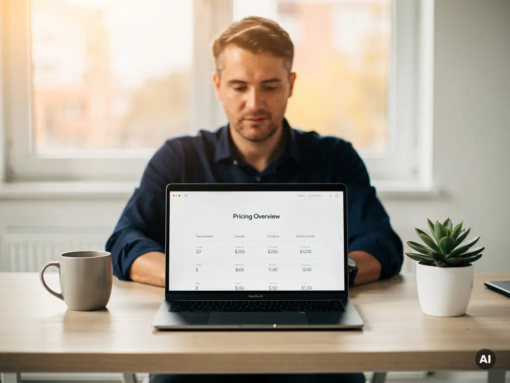 Ondernemer bekijkt prijsoverzicht op laptop aan opgeruimd modern bureau met koffie en succulent, warm natuurlijk licht.
